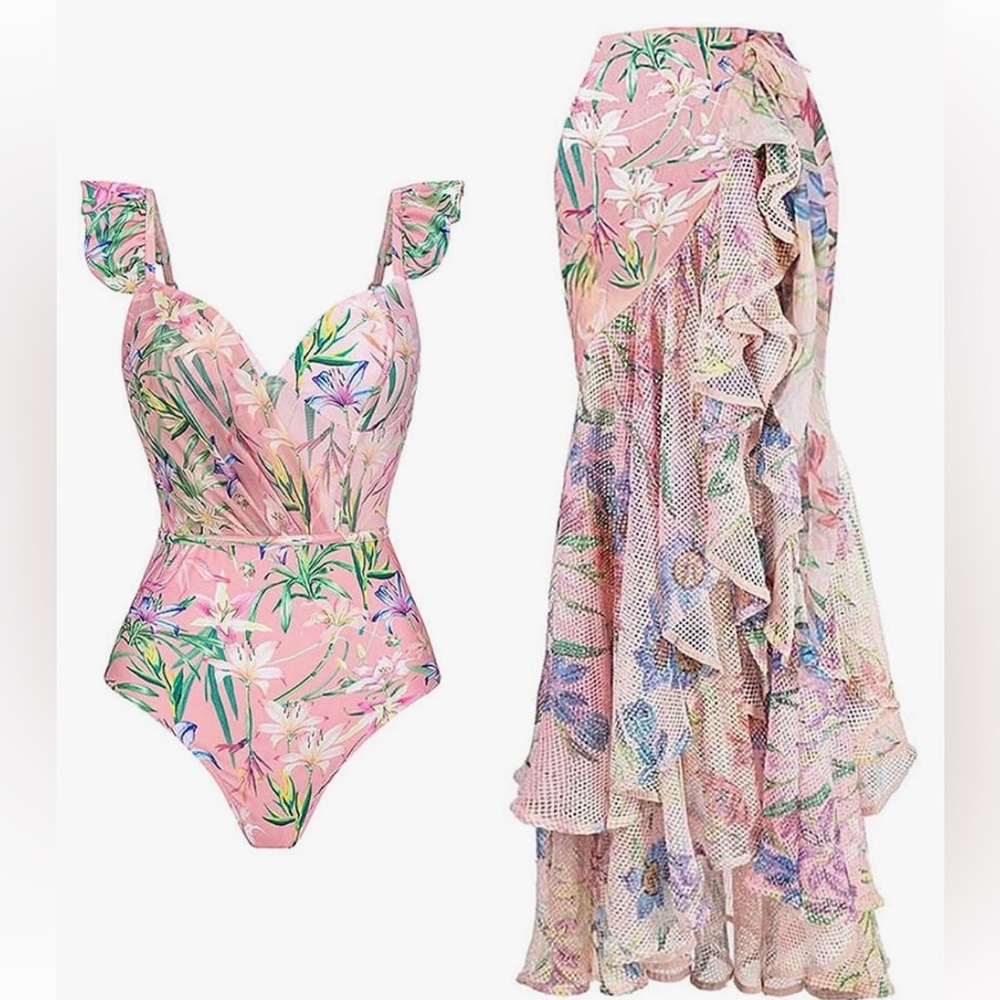 Pink floral one piece with matching coverup